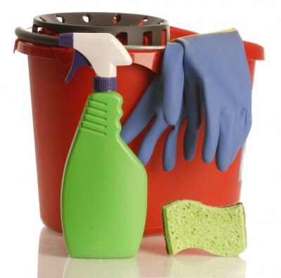a cleaning bucket with a gloves hanging over the side and a spray bottle and sponge next to it